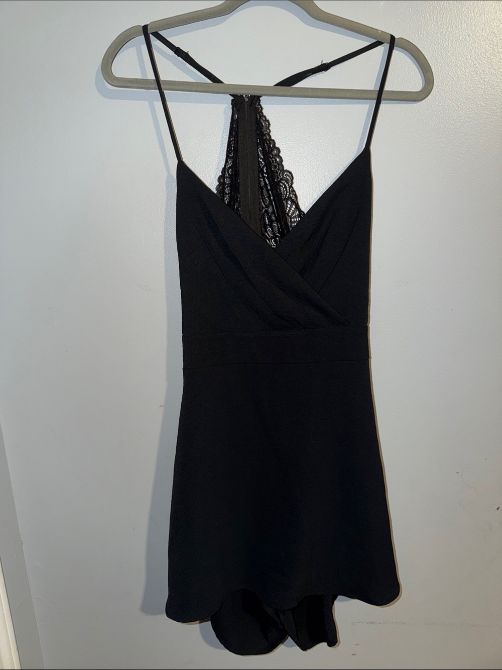 Lace cut out Back, Skirt in Front, Shorts in back, Black V neck strap dress